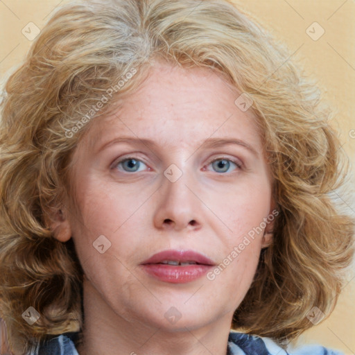 Joyful white adult female with medium  brown hair and blue eyes