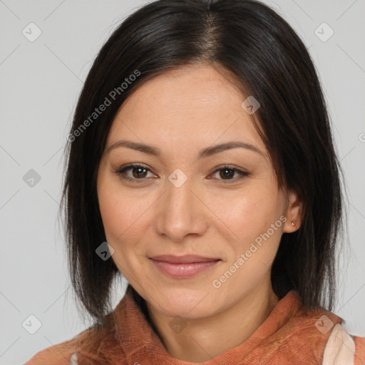 Joyful white young-adult female with medium  brown hair and brown eyes