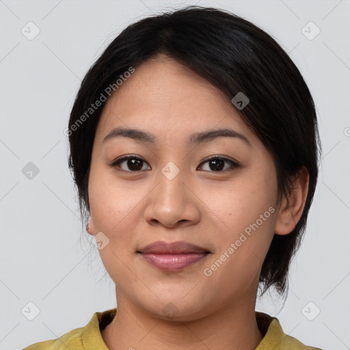 Joyful asian young-adult female with medium  brown hair and brown eyes