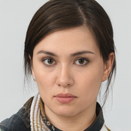 Neutral white young-adult female with medium  brown hair and brown eyes