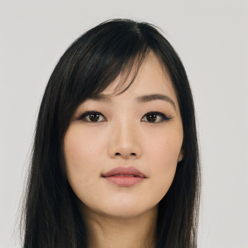 Neutral asian young-adult female with long  black hair and brown eyes