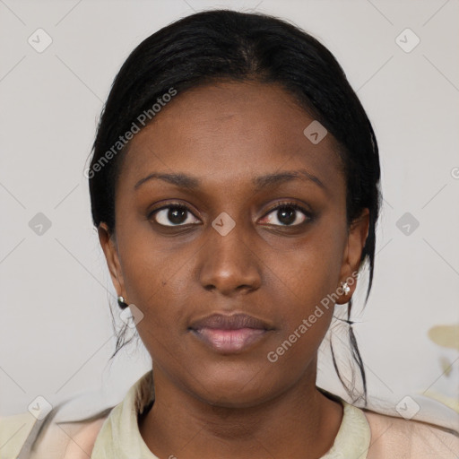 Neutral asian young-adult female with short  black hair and brown eyes