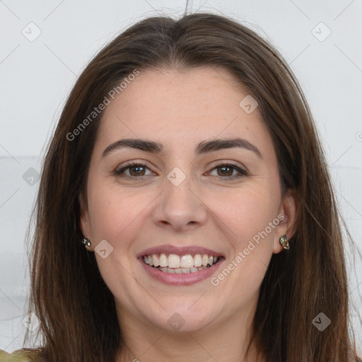 Joyful white young-adult female with long  brown hair and grey eyes