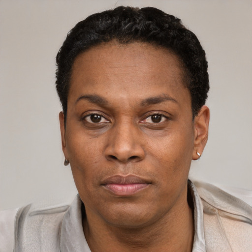 Neutral black adult female with short  black hair and brown eyes