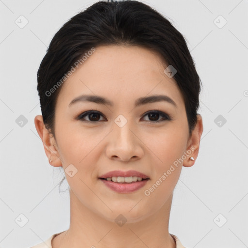 Joyful asian young-adult female with short  brown hair and brown eyes