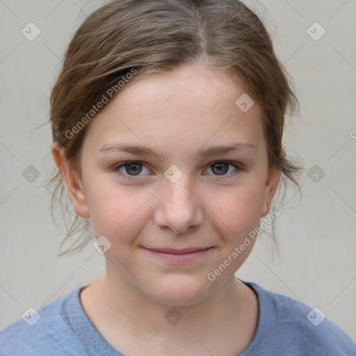 Joyful white child female with medium  brown hair and blue eyes