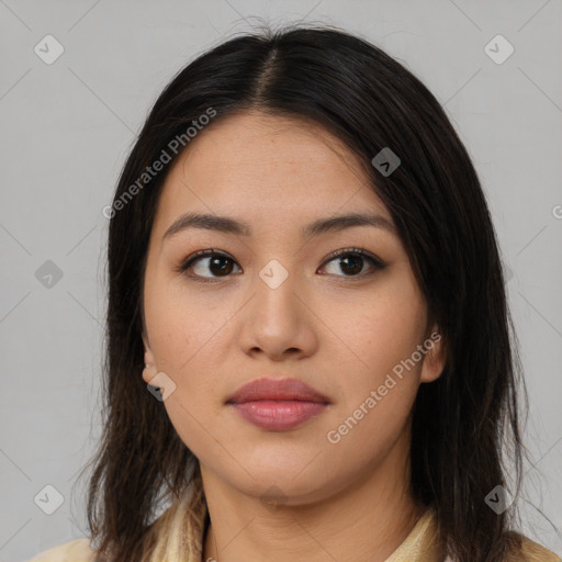 Neutral asian young-adult female with long  brown hair and brown eyes