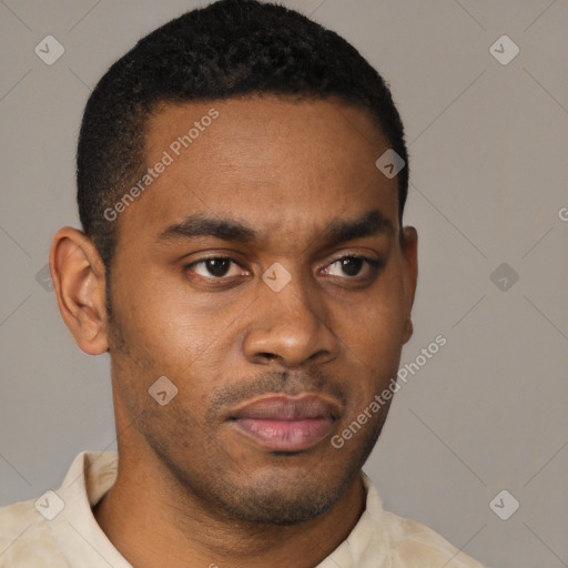 Neutral latino young-adult male with short  black hair and brown eyes