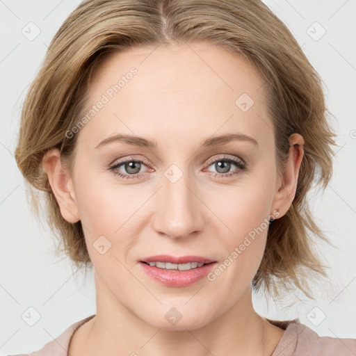 Joyful white young-adult female with medium  brown hair and blue eyes