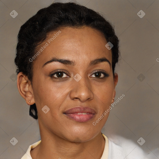 Joyful latino young-adult female with short  brown hair and brown eyes