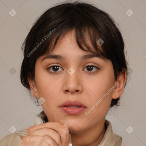 Neutral white young-adult female with medium  brown hair and brown eyes