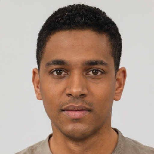 Neutral black young-adult male with short  black hair and brown eyes