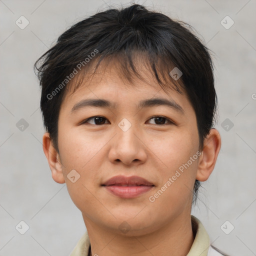 Joyful asian young-adult female with short  brown hair and brown eyes