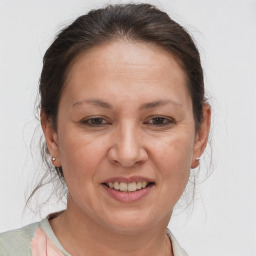 Joyful white adult female with short  brown hair and brown eyes