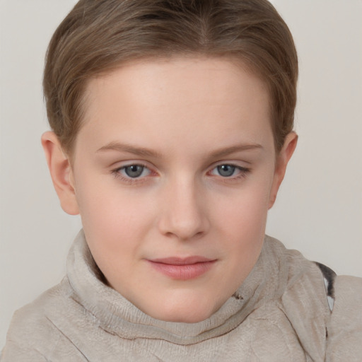 Joyful white child female with short  brown hair and grey eyes