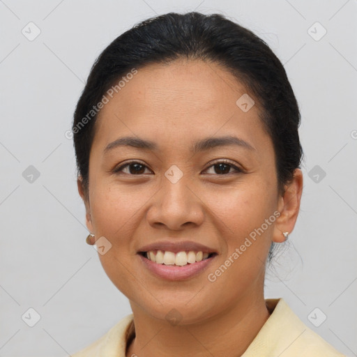 Joyful asian young-adult female with short  brown hair and brown eyes