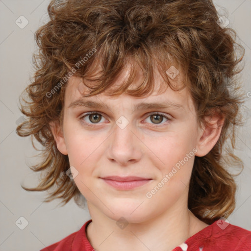 Joyful white child female with medium  brown hair and brown eyes