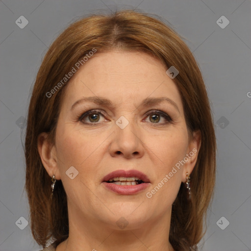 Joyful white adult female with medium  brown hair and brown eyes