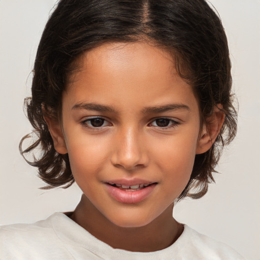 Joyful white child female with medium  brown hair and brown eyes