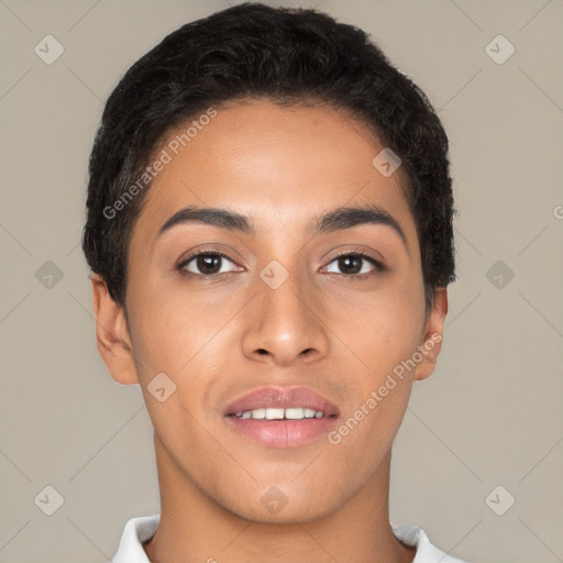 Joyful latino young-adult female with short  brown hair and brown eyes