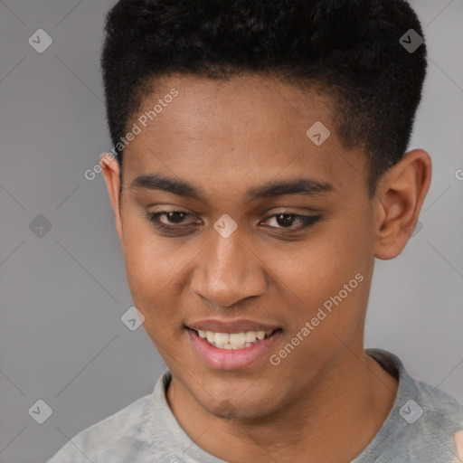 Joyful white young-adult female with short  black hair and brown eyes
