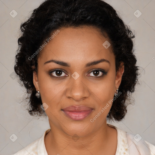 Joyful black young-adult female with medium  brown hair and brown eyes