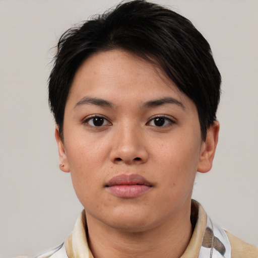 Neutral asian young-adult female with short  brown hair and brown eyes