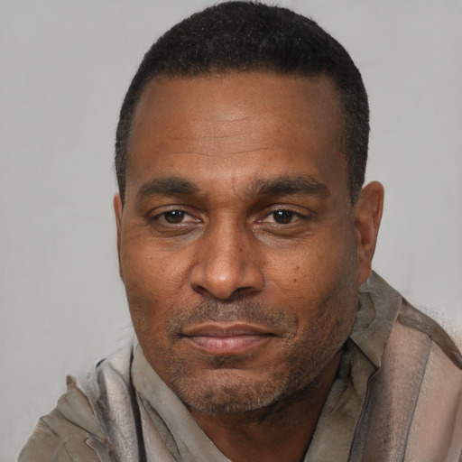 Neutral black adult male with short  black hair and brown eyes