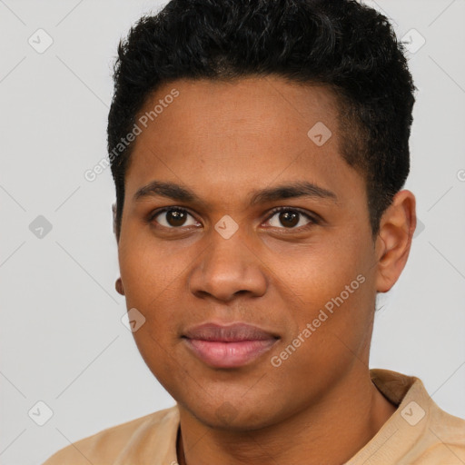 Joyful latino young-adult male with short  brown hair and brown eyes