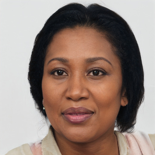 Joyful asian adult female with medium  black hair and brown eyes
