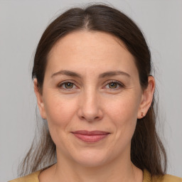 Joyful white adult female with medium  brown hair and brown eyes