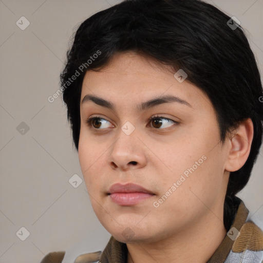 Neutral white young-adult female with medium  brown hair and brown eyes