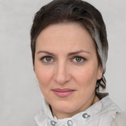 Joyful white adult female with medium  brown hair and grey eyes