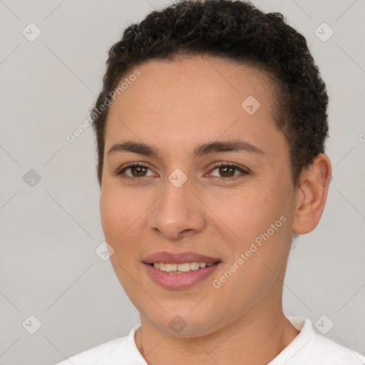 Joyful white young-adult female with short  brown hair and brown eyes