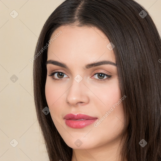 Neutral white young-adult female with long  brown hair and brown eyes