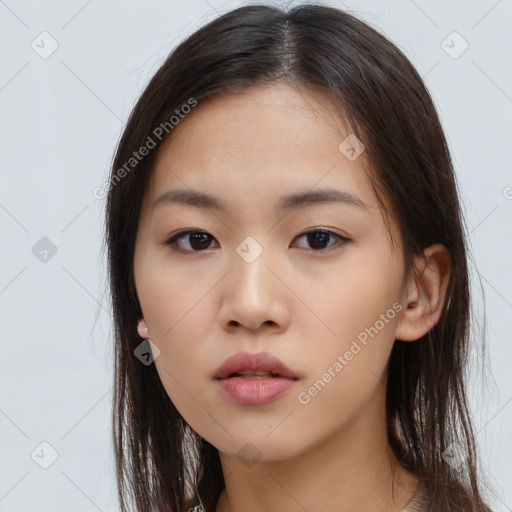 Neutral asian young-adult female with long  brown hair and brown eyes