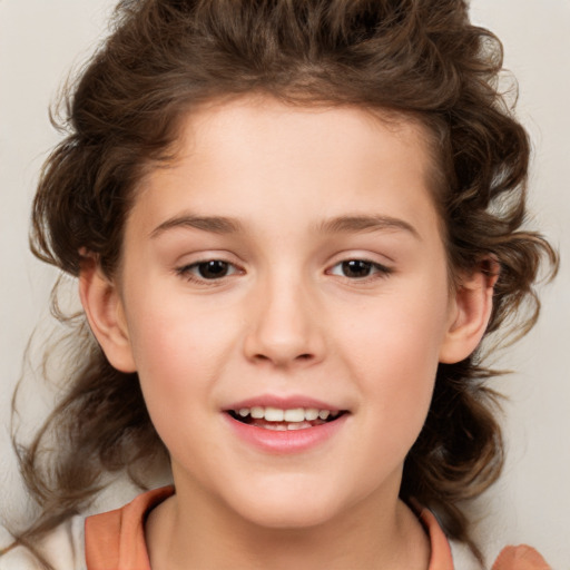 Joyful white child female with medium  brown hair and brown eyes