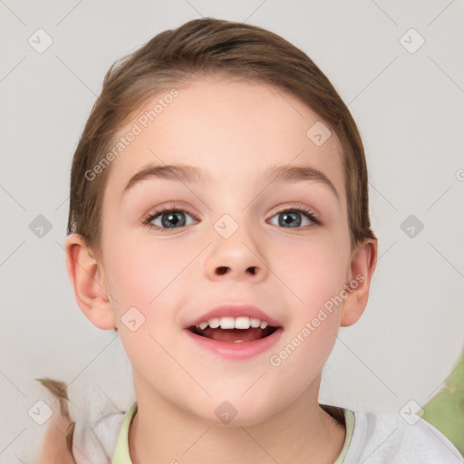 Joyful white child female with medium  brown hair and blue eyes