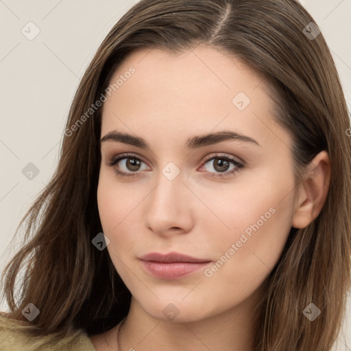 Neutral white young-adult female with long  brown hair and brown eyes