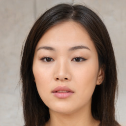 Neutral asian young-adult female with long  brown hair and brown eyes