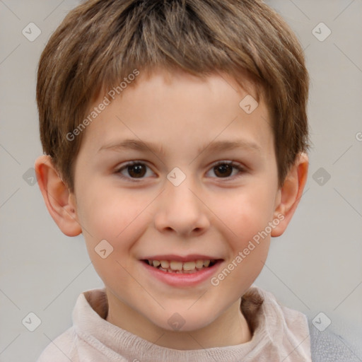 Joyful white child male with short  brown hair and brown eyes