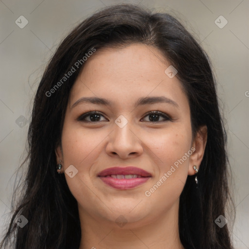 Joyful latino young-adult female with long  brown hair and brown eyes