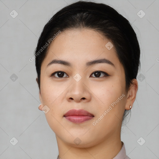 Neutral asian young-adult female with short  brown hair and brown eyes