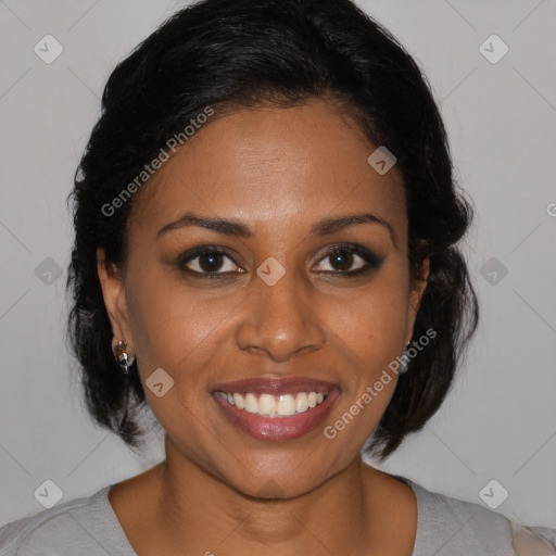 Joyful black young-adult female with medium  brown hair and brown eyes