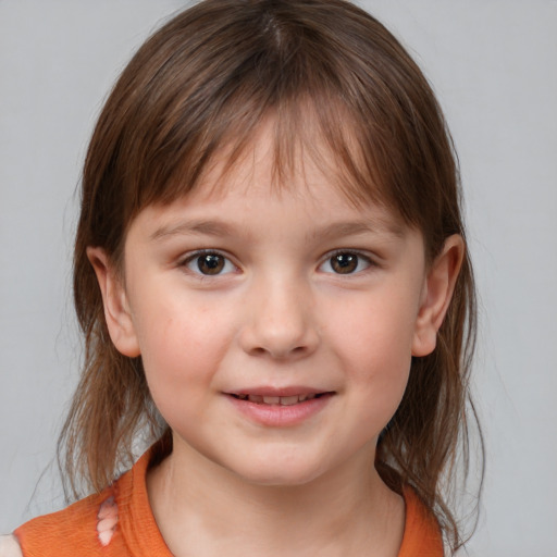 Joyful white child female with medium  brown hair and brown eyes