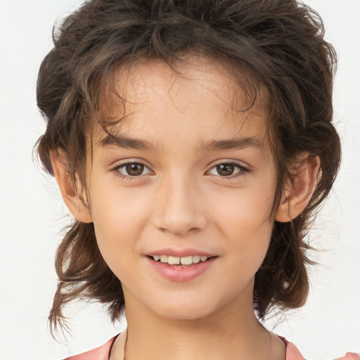 Joyful white child female with medium  brown hair and brown eyes