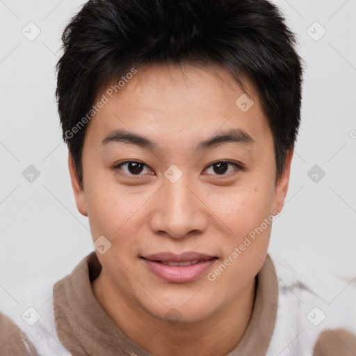 Joyful asian young-adult male with short  brown hair and brown eyes