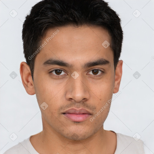 Neutral asian young-adult male with short  brown hair and brown eyes