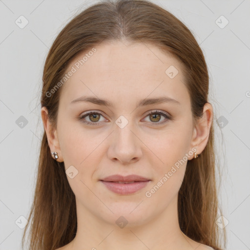 Joyful white young-adult female with long  brown hair and grey eyes