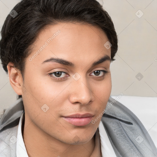 Neutral white young-adult female with short  brown hair and brown eyes